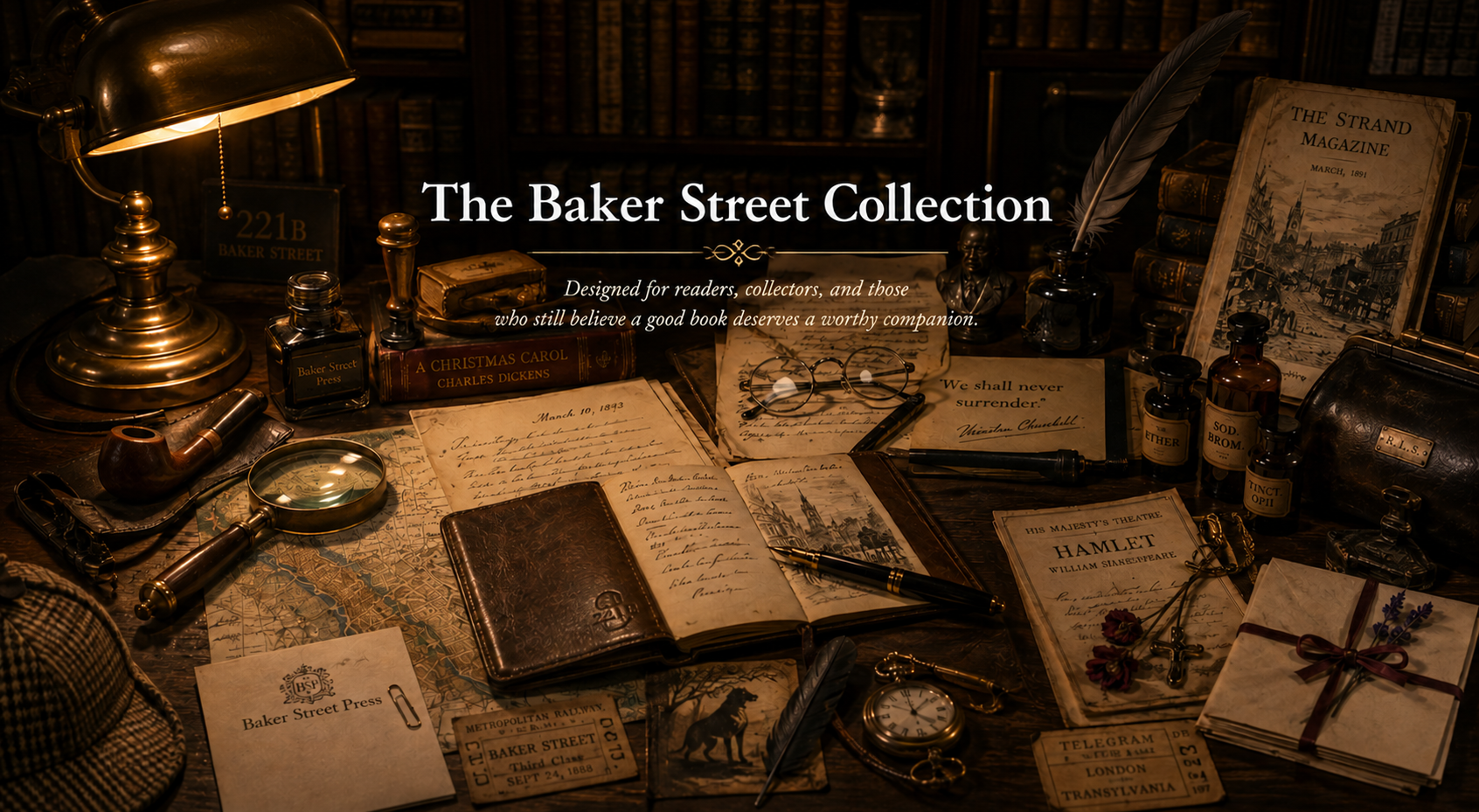 A warmly lit literary writing desk presenting The Baker Street Collection