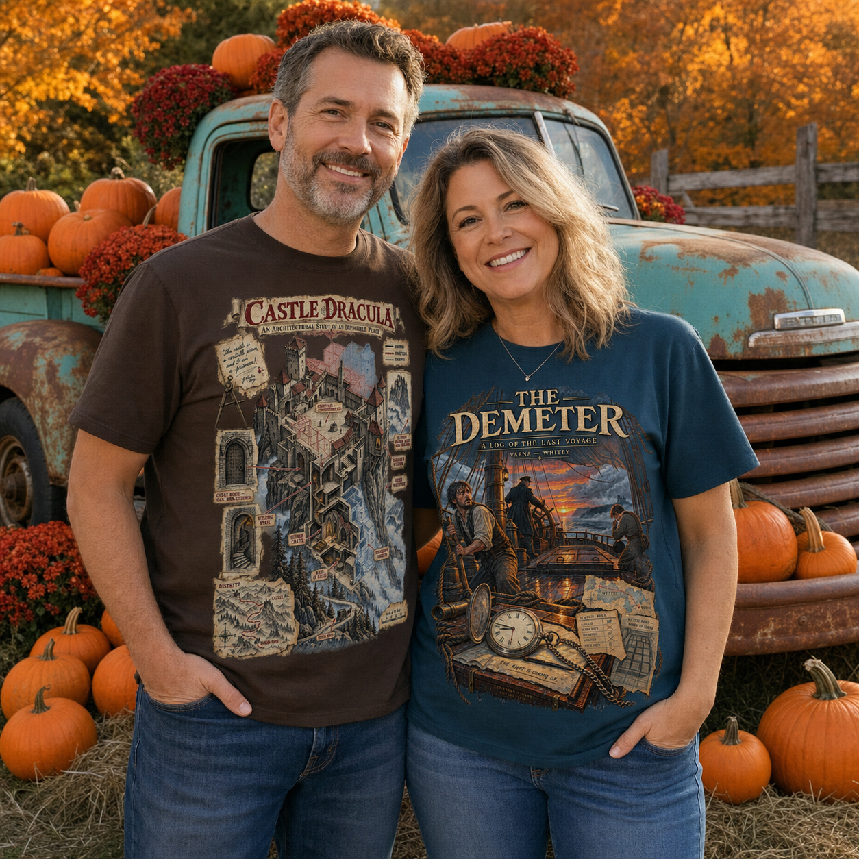 Castle Dracula and The Demeter literary T-shirts worn together in an autumn pumpkin patch